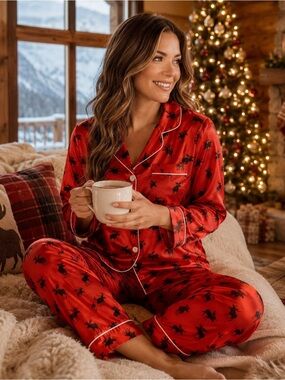 Christmas Moose Print Satin Pajama Set Red NWT Medium SWOMOG